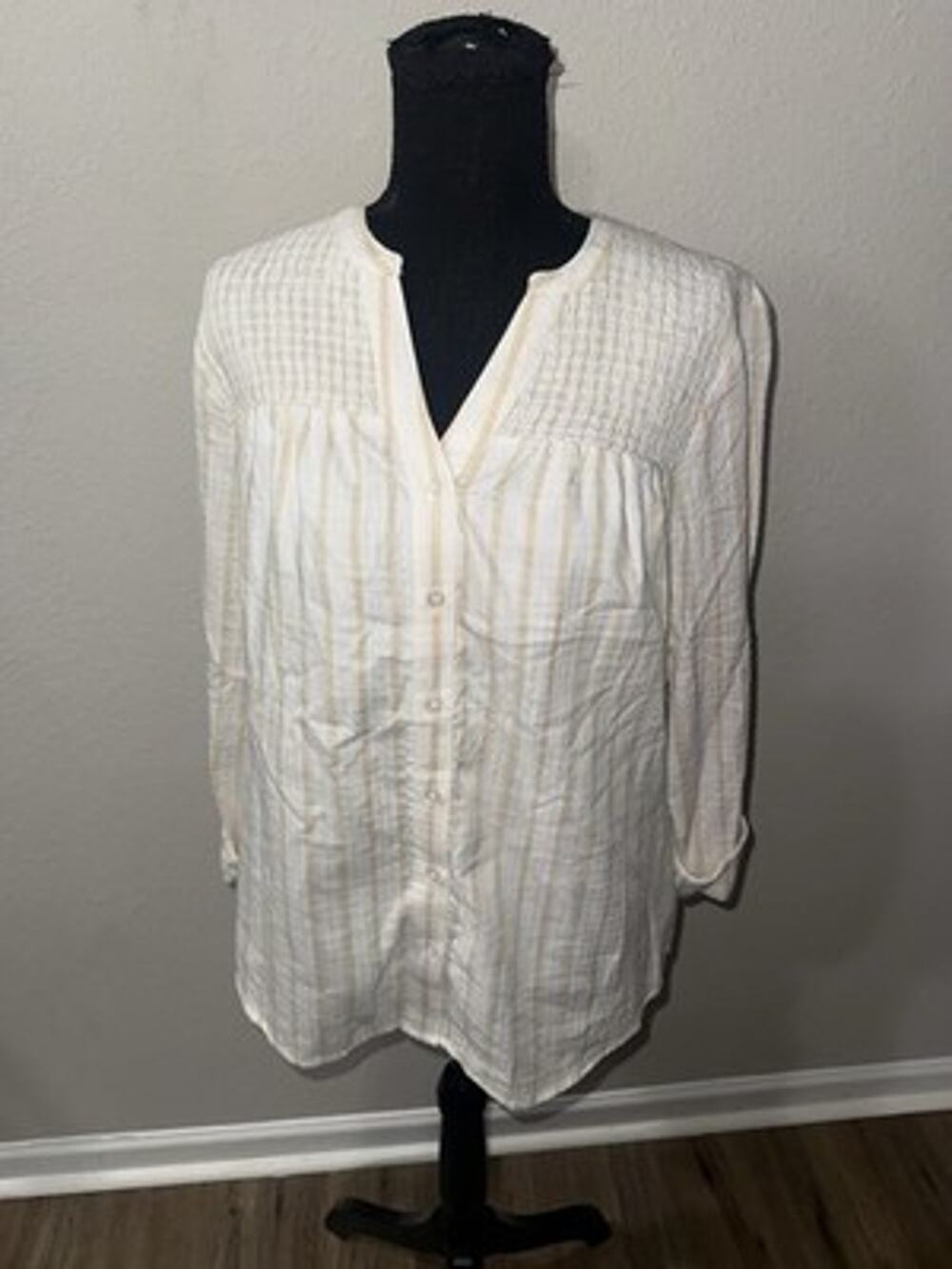 Kim Rogers Top Small S Tan White Striped Smocked V Neck Button Up Tunic